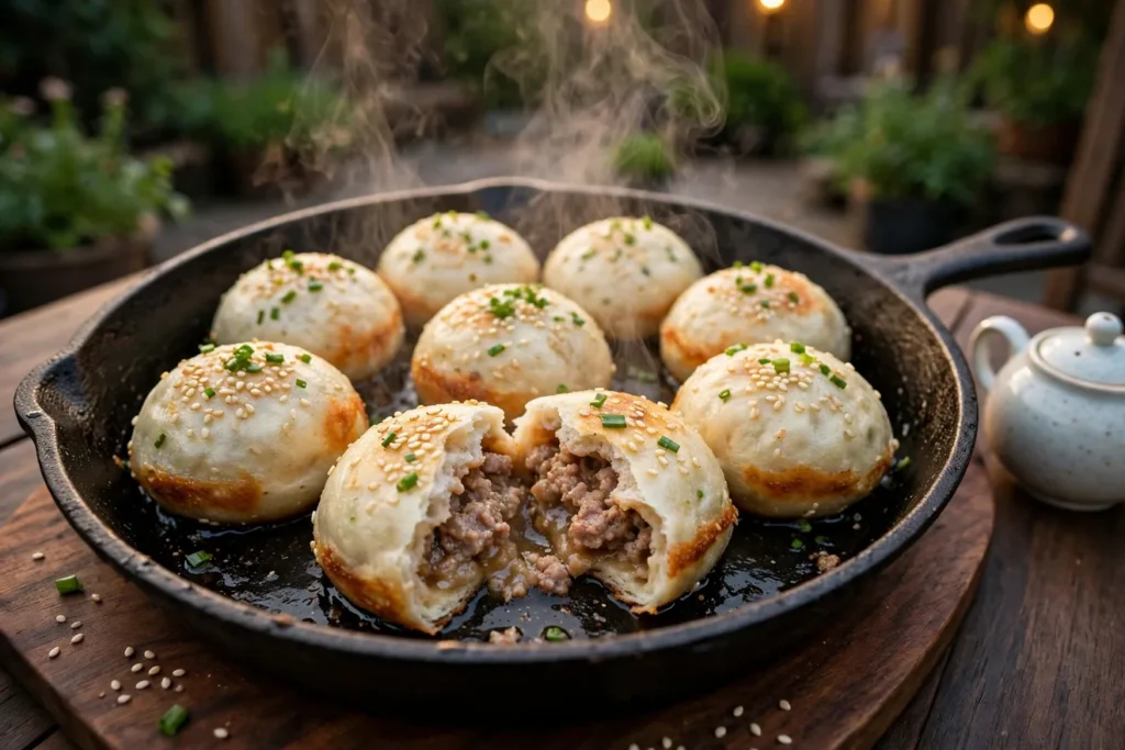 Sheng jian bao, pan-fried soup buns, in cast iron with sesame and scallions.