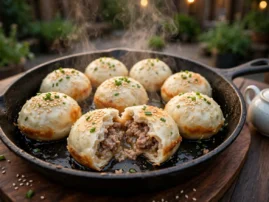 Sheng jian bao, pan-fried soup buns, in cast iron with sesame and scallions.