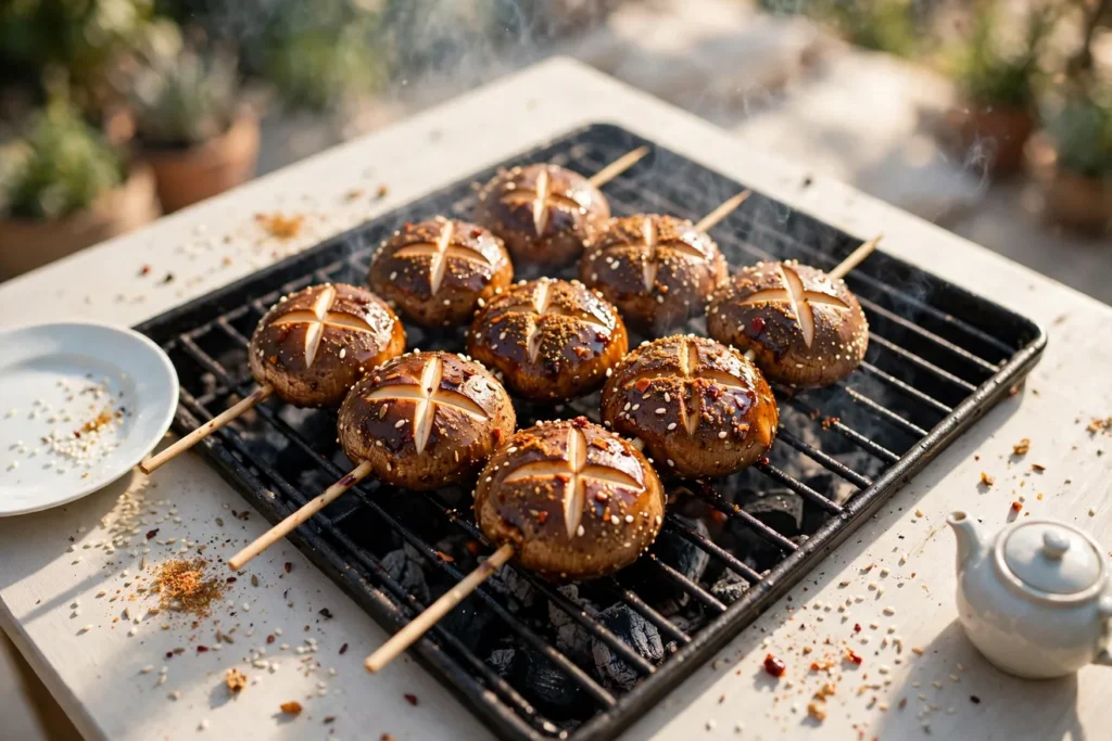 Shiitake mushroom skewers grilled over charcoal with a soy-sesame glaze.