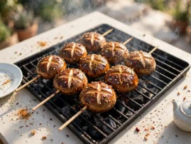 Shiitake mushroom skewers grilled over charcoal with a soy-sesame glaze.