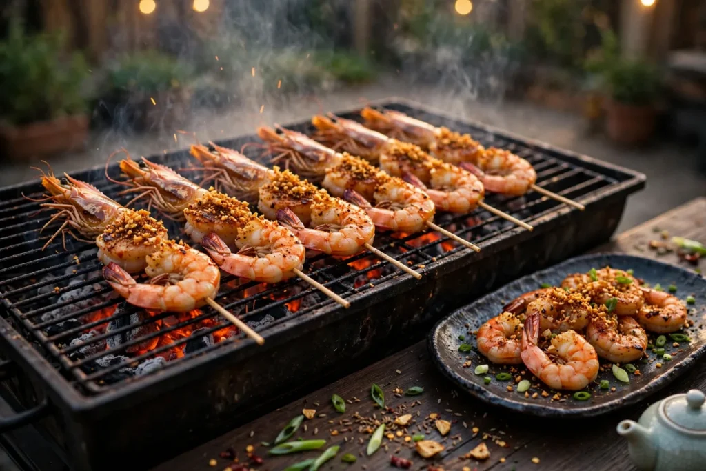 Shrimp chuan'r, Chinese grilled shrimp skewers, shell-on over charcoal with garlic.