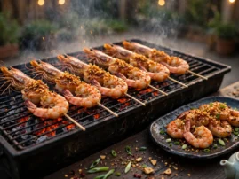 Shrimp chuan'r, Chinese grilled shrimp skewers, shell-on over charcoal with garlic.