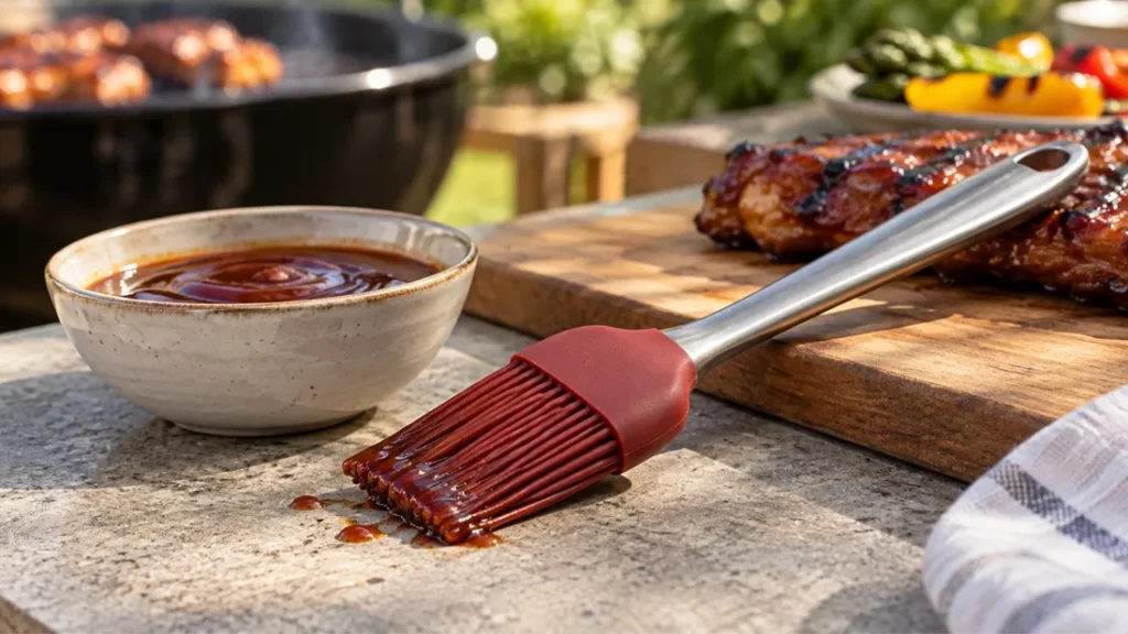 Red silicone basting brush beside a bowl of barbecue sauce with glazed ribs behind
