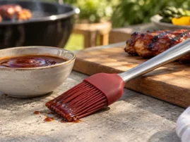Red silicone basting brush beside a bowl of barbecue sauce with glazed ribs behind