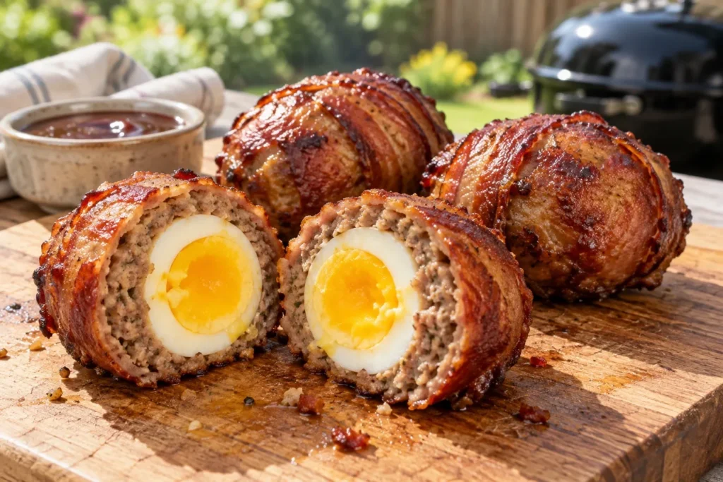 Smoked dragon eggs, bacon-wrapped and smoked, one cut in half to show the egg, beef, and bacon layers.