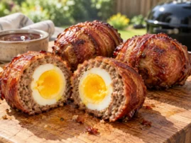 Smoked dragon eggs, bacon-wrapped and smoked, one cut in half to show the egg, beef, and bacon layers.