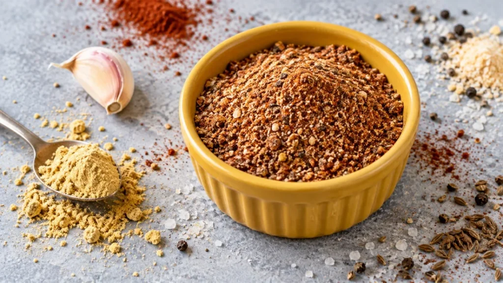 Smoked paprika mustard pork rub in a yellow ramekin with mustard powder and caraway seeds