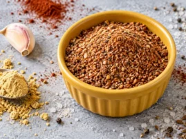 Smoked paprika mustard pork rub in a yellow ramekin with mustard powder and caraway seeds