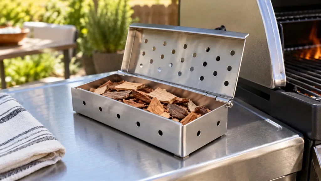 Stainless steel smoker box with its perforated lid open, filled with wood chips beside a gas grill