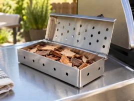 Stainless steel smoker box with its perforated lid open, filled with wood chips beside a gas grill