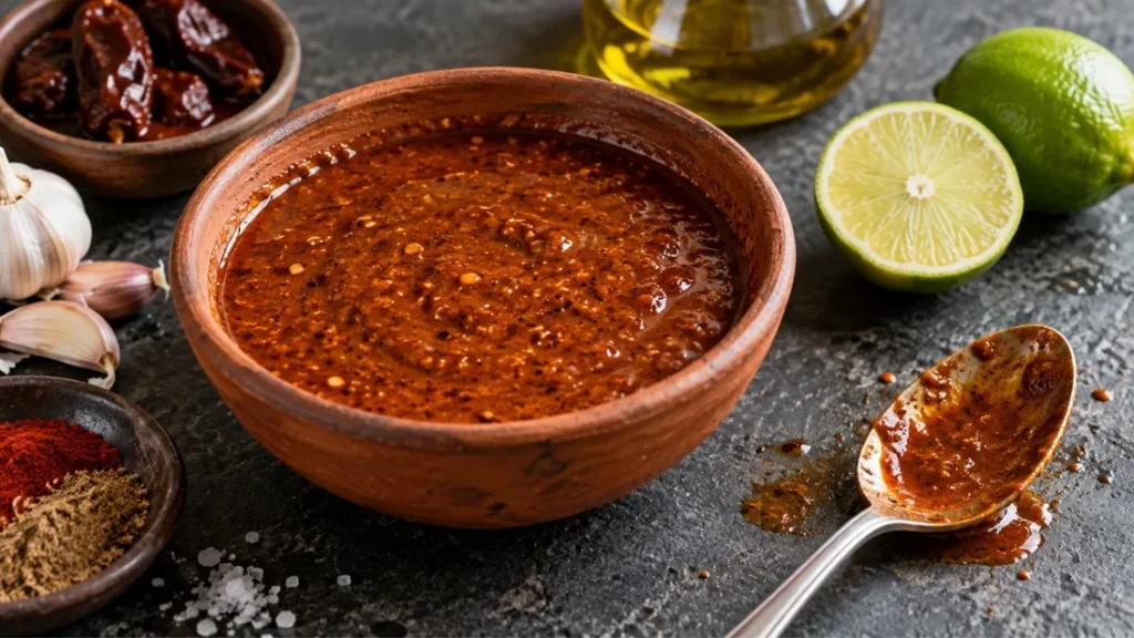 Rustic bowl of smoky chipotle lime marinade with dried chipotle peppers, garlic and halved limes beside it