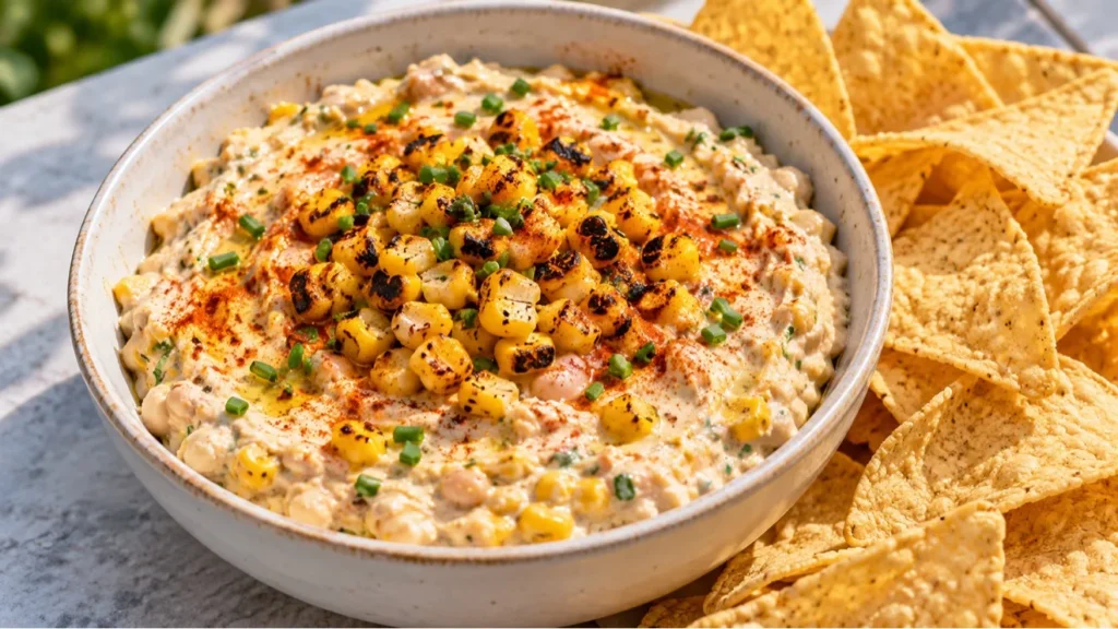Grilled corn and white bean dip topped with charred kernels and chives, served with tortilla chips.