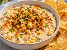 Grilled corn and white bean dip topped with charred kernels and chives, served with tortilla chips.