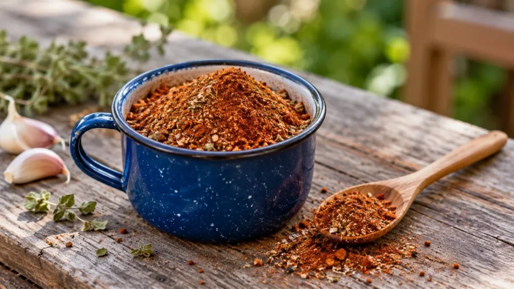 Smoky pimenton chicken rub in a blue enamel mug outdoors with garlic and oregano