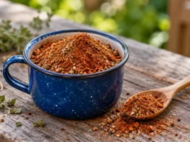 Smoky pimenton chicken rub in a blue enamel mug outdoors with garlic and oregano