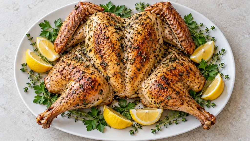 Spatchcocked grilled turkey with golden herb-butter skin on an oval platter with lemon wedges.