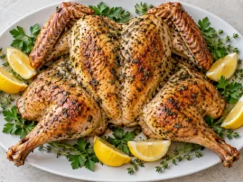 Spatchcocked grilled turkey with golden herb-butter skin on an oval platter with lemon wedges.
