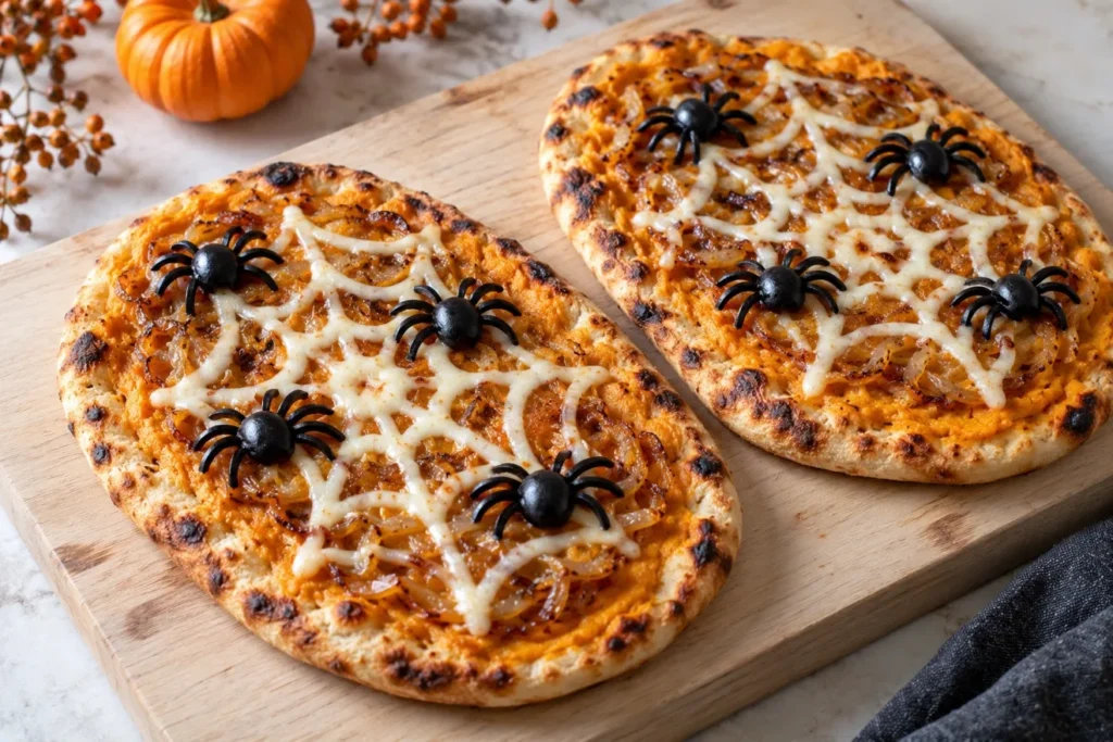 Grilled pumpkin flatbreads decorated with mozzarella spiderwebs and olive spiders.