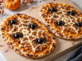 Grilled pumpkin flatbreads decorated with mozzarella spiderwebs and olive spiders.