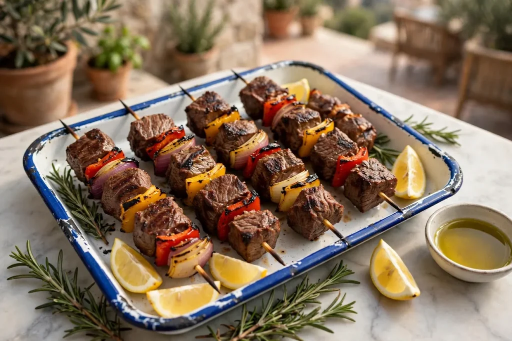 Spiedini di manzo, Italian beef skewers with peppers and red onion.