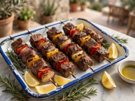 Spiedini di manzo, Italian beef skewers with peppers and red onion.