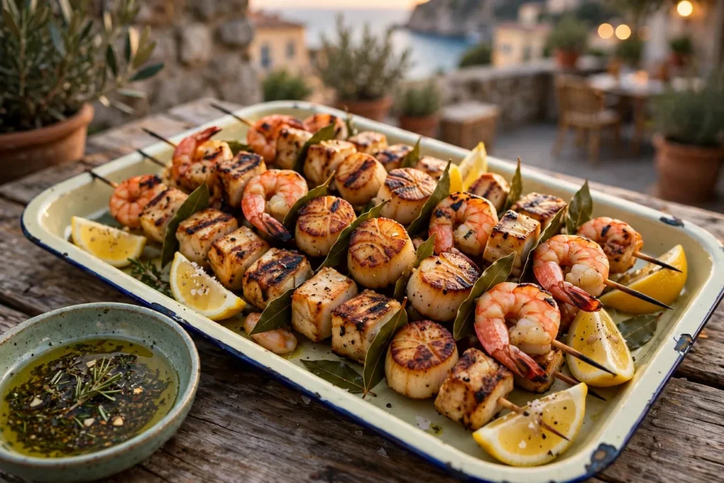 Spiedini di mare, mixed grilled seafood skewers with shrimp, fish, and scallops.