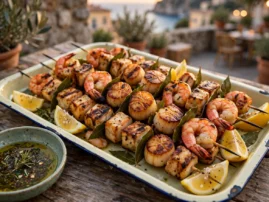 Spiedini di mare, mixed grilled seafood skewers with shrimp, fish, and scallops.