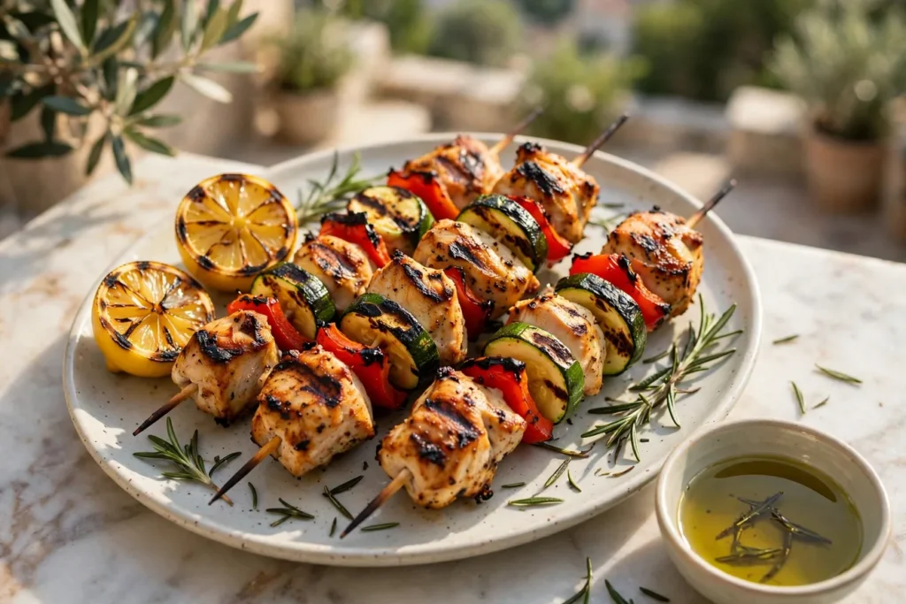Spiedini di pollo, Italian chicken skewers with zucchini, peppers, and grilled lemon.