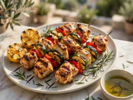Spiedini di pollo, Italian chicken skewers with zucchini, peppers, and grilled lemon.