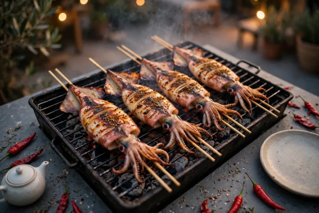 Squid chuan'r, Chinese grilled squid skewers, blistered over charcoal with shaokao spice.