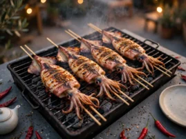 Squid chuan'r, Chinese grilled squid skewers, blistered over charcoal with shaokao spice.