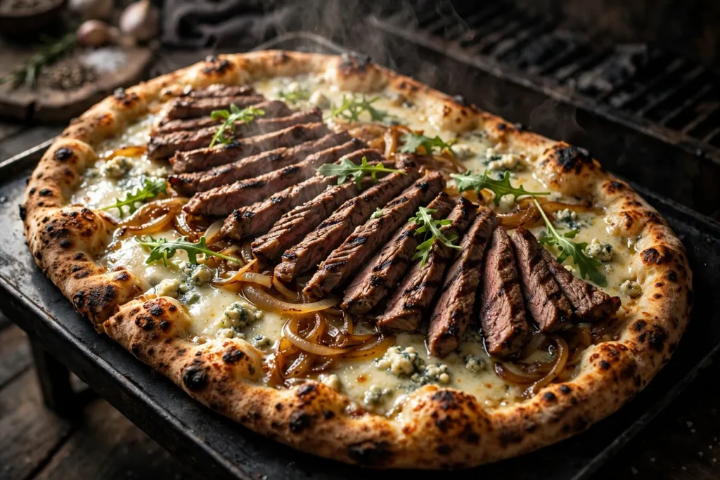 Steak and blue cheese pizza with sliced steak, caramelized onions, and arugula.
