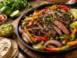 Steak fajitas in a lime marinade, sliced and ready to serve.