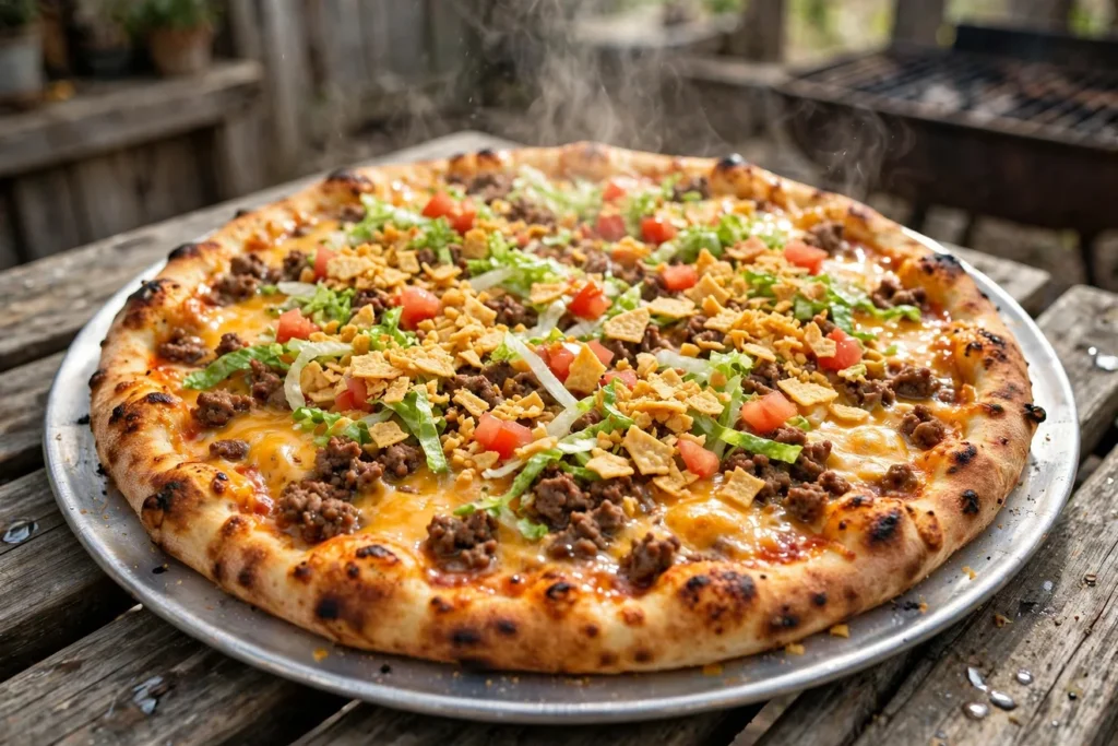 Taco pizza with seasoned beef, lettuce, tomato, and crushed tortilla chips.