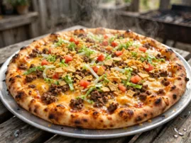 Taco pizza with seasoned beef, lettuce, tomato, and crushed tortilla chips.