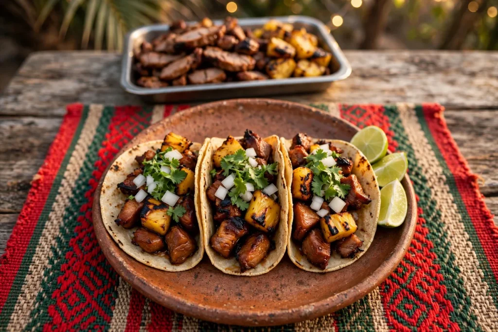 Tacos al pastor with grilled pineapple, diced onion, and cilantro on warm corn tortillas.