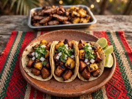 Tacos al pastor with grilled pineapple, diced onion, and cilantro on warm corn tortillas.