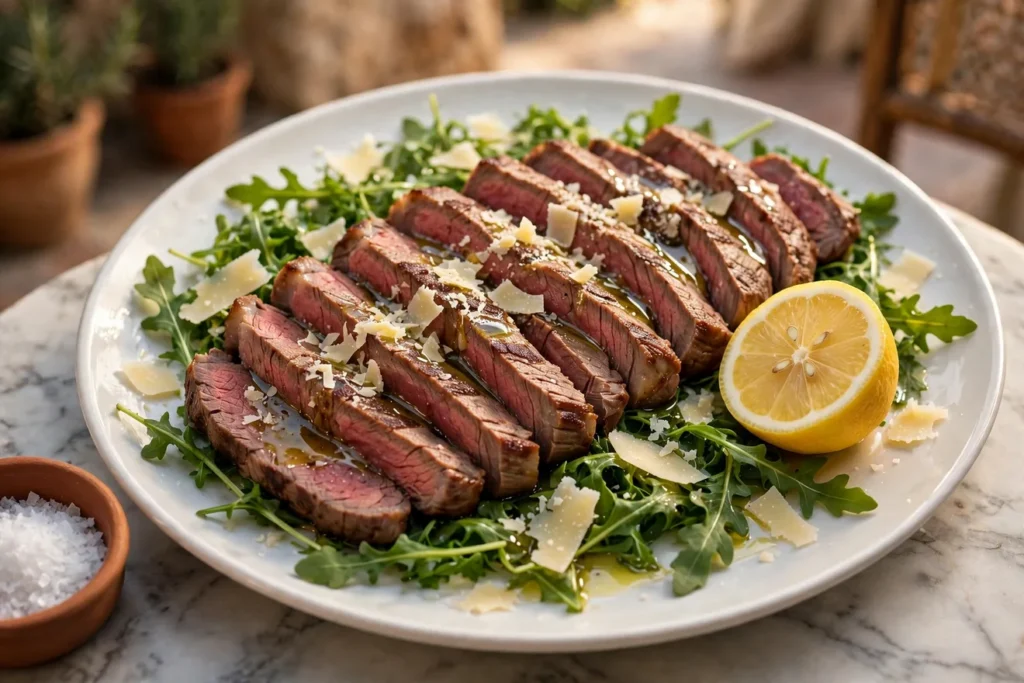 Tagliata, sliced grilled steak over arugula with shaved Parmesan and lemon.