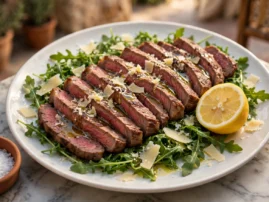 Tagliata, sliced grilled steak over arugula with shaved Parmesan and lemon.