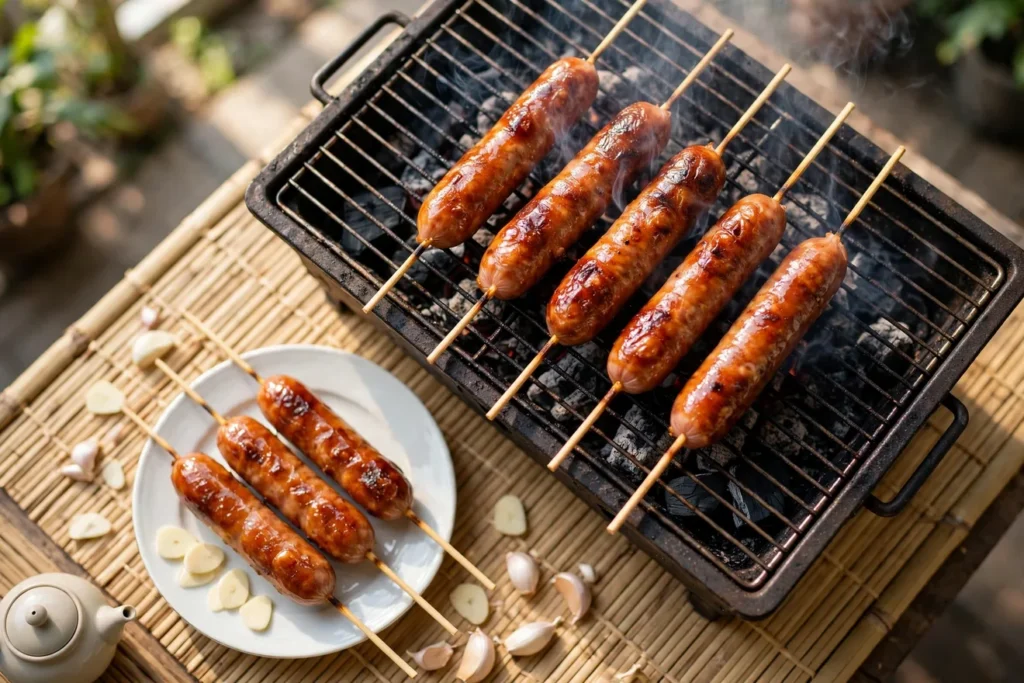 Taiwanese-style grilled sausage skewers, xiang chang, with raw garlic slices.
