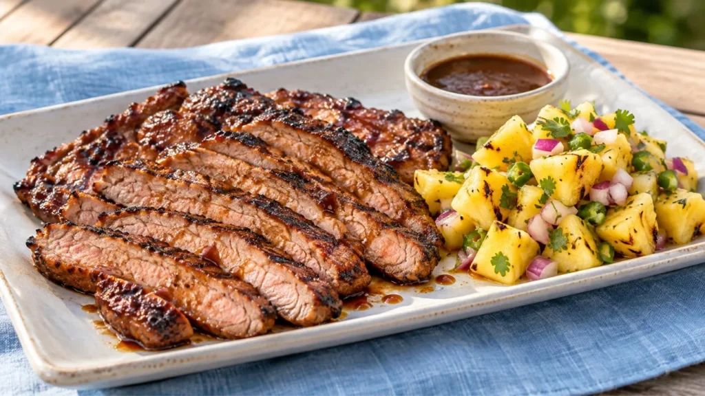 Tamarind-glazed grilled pork steaks with pineapple salsa.