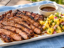 Tamarind-glazed grilled pork steaks with pineapple salsa.