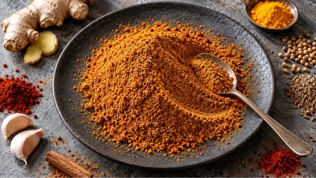 Tandoori-inspired dry rub on a dark plate with ginger, turmeric, coriander and cumin
