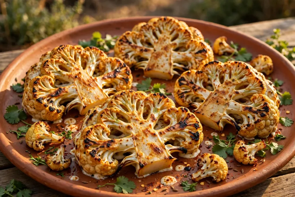 Grilled tandoori-style cauliflower steaks and florets with cilantro.