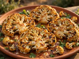 Grilled tandoori-style cauliflower steaks and florets with cilantro.