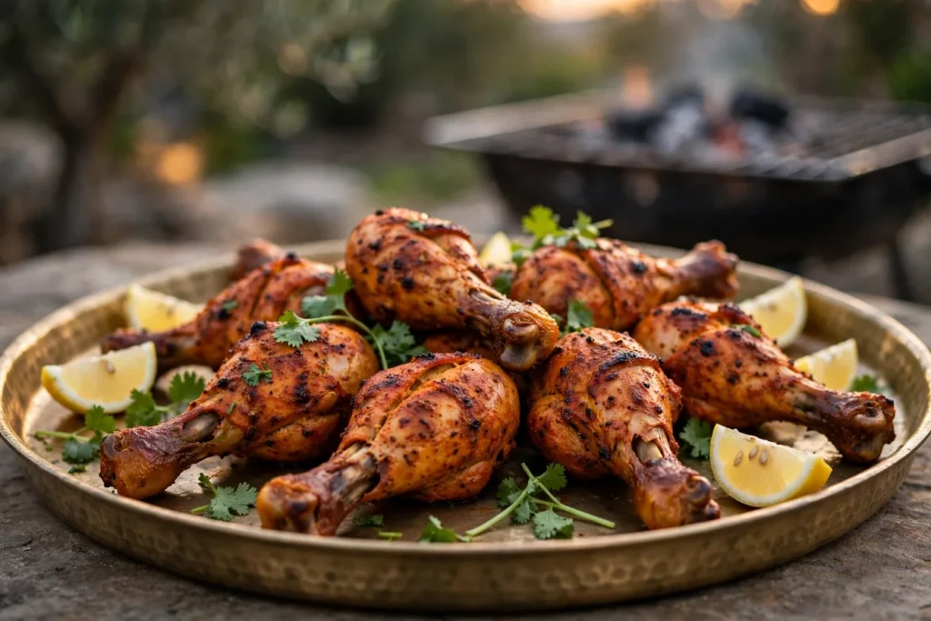 Tandoori-style grilled chicken drumsticks with cilantro and lemon wedges.