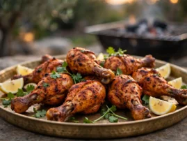 Tandoori-style grilled chicken drumsticks with cilantro and lemon wedges.