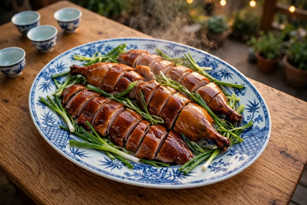 Tea-smoked duck with deep amber crisped skin, carved on a porcelain platter.