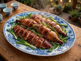 Tea-smoked duck with deep amber crisped skin, carved on a porcelain platter.