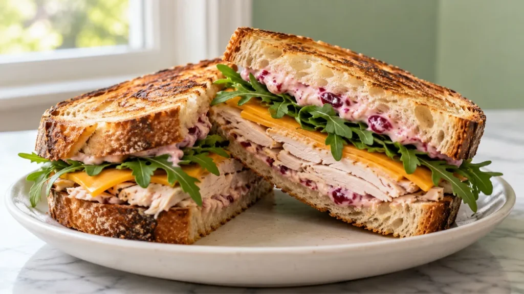Toasted turkey sandwich with cranberry mayo, cheddar and arugula, cut in half to show the filling.